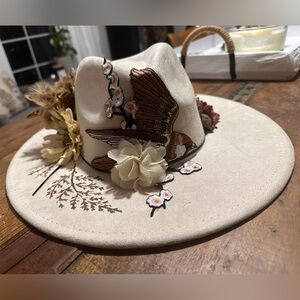 Custom Designed Cream Cowgirl Hat with Floral and Bird Designs